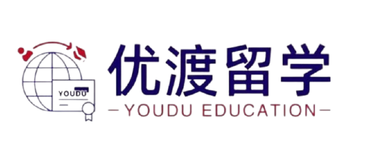 Logo for Youdu Education with blue Chinese characters 优渡留学, a globe icon on the left, and the text -YOU DU EDUCATION- in pinkish letters.