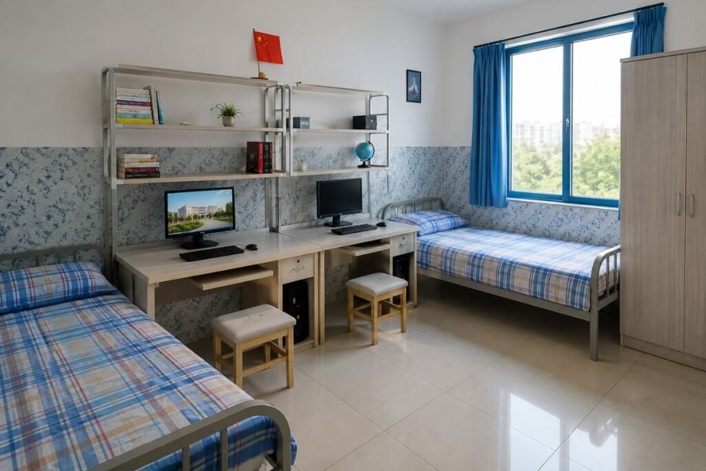 Dalian Medical University international student hostel room, twin-share accommodation