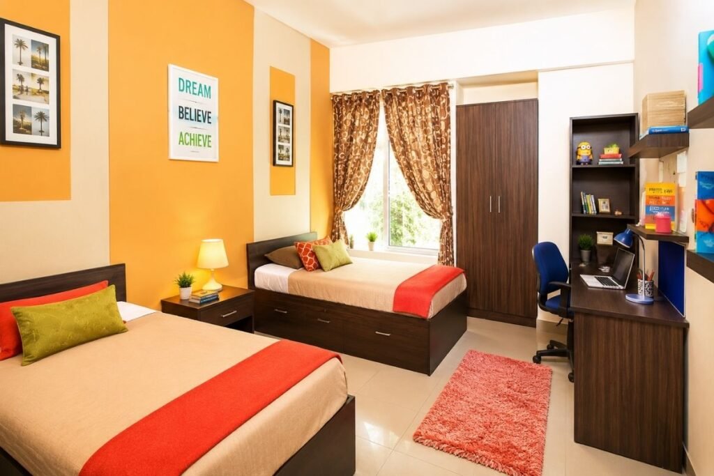 Fujian Medical University international student hostel room, twin-share double room with study desks and wardrobes at Qishan Campus, Fuzhou