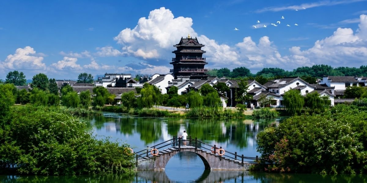 Zhenjiang city skyline along the Yangtze River, Jiangsu Province, where the river meets the Grand Canal of China