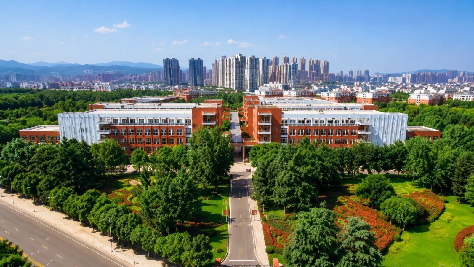 Chenggong campus aerial, showing library, dormitory blocks, and teaching buildings kunming-medical-university-chenggong-campus-aerial.