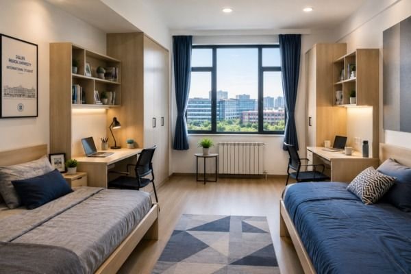 Dalian Medical University international student hostel room, twin-share accommodation 