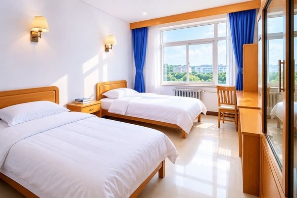Fujian Medical University international student hostel room, twin-share double room with study desks and wardrobes at Qishan Campus, Fuzhou