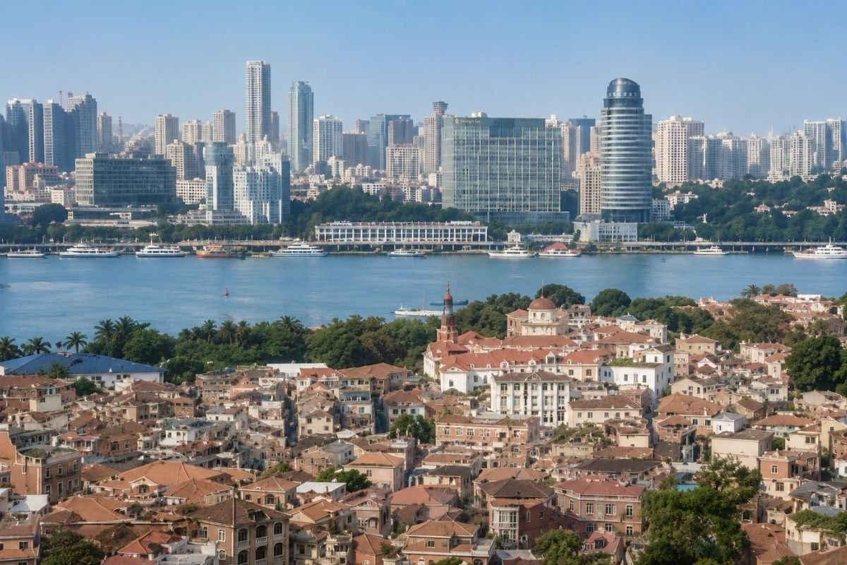 Xiamen city skyline with Gulangyu Island, Fujian Province, China, subtropical coastal location of Xiamen University
