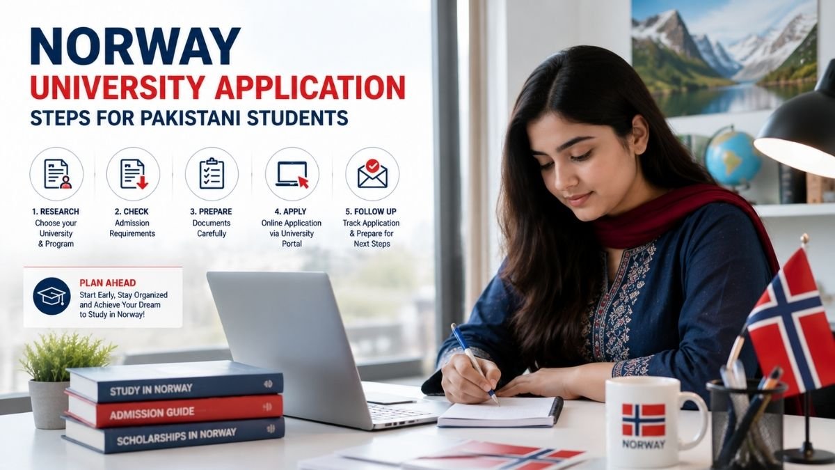 Pakistani student preparing a Norway university application at a desk