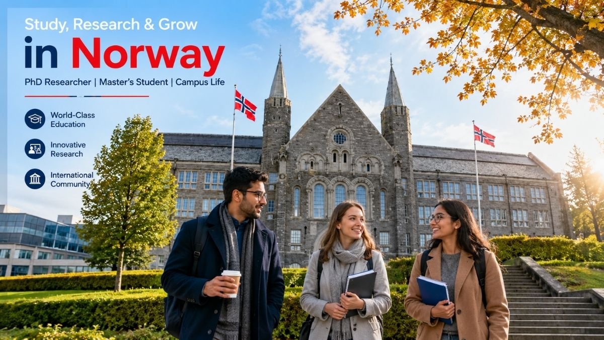 PhD researcher, master's ‎student and campus ‎building in Norway