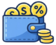 partial - MTZ Global Visa Consultants Blue wallet with coins and a small stack of coins, symbolizing savings or discounts.