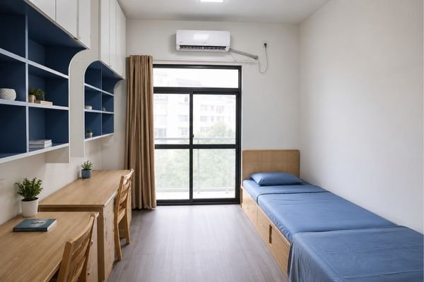 Jiujiang University international student hostel room, twin-share accommodation
